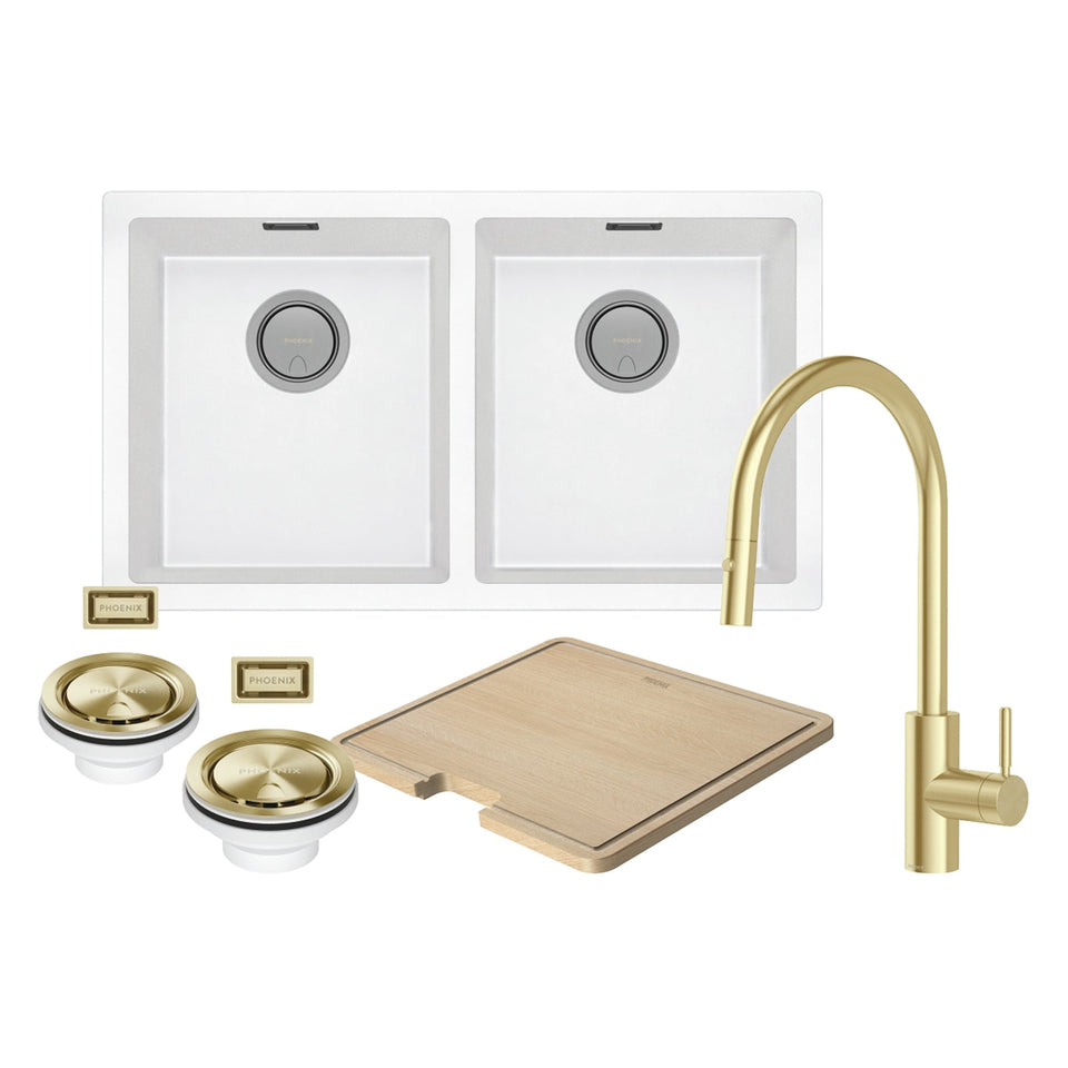 Phoenix Sink Package 2 - Matte White Sink & Brushed Gold Mixer