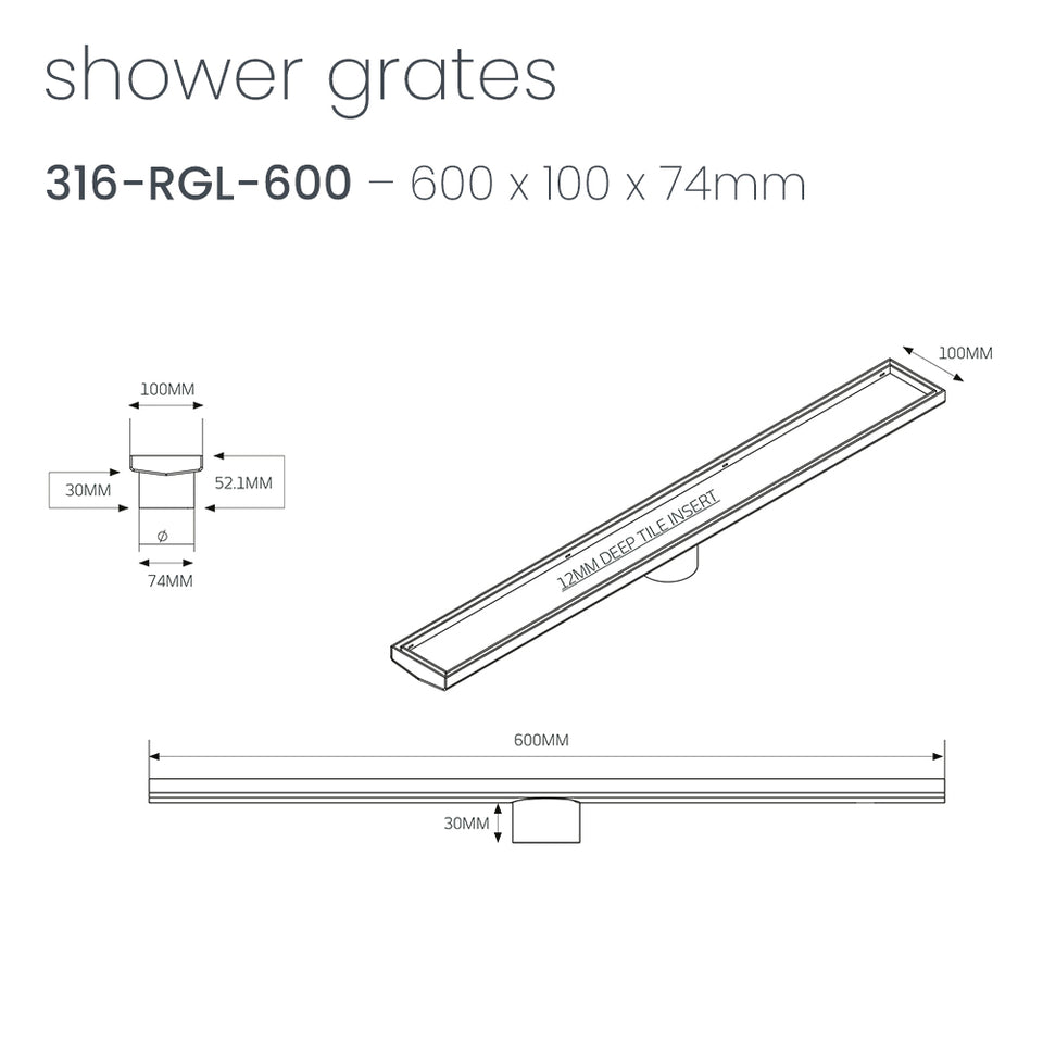 Radiant Linear Tile Insert Floor Grate (Brushed Satin) 100mm x 600mm (74mm Outlet) (316-RGL-600-74) 3
