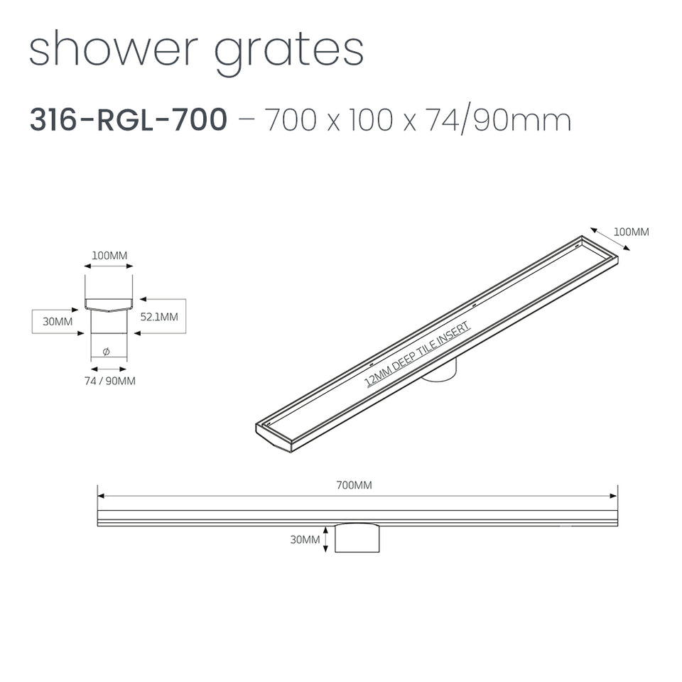 Radiant Linear Tile Insert Floor Grate (Brushed Satin) 100mm x 700mm (90mm Outlet) (316-RGL-700-90) 3