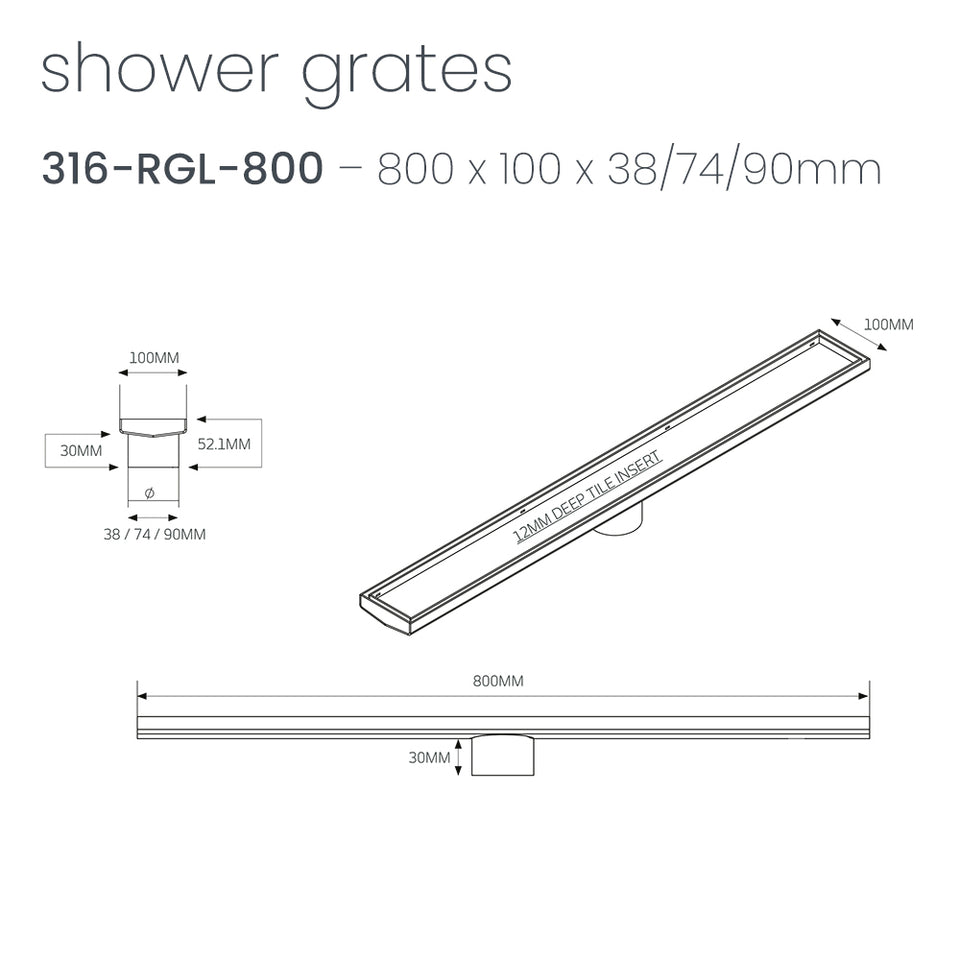Radiant Linear Tile Insert Floor Grate (Brushed Satin) 100mm x 800mm (90mm Outlet) (316-RGL-800-90) 3