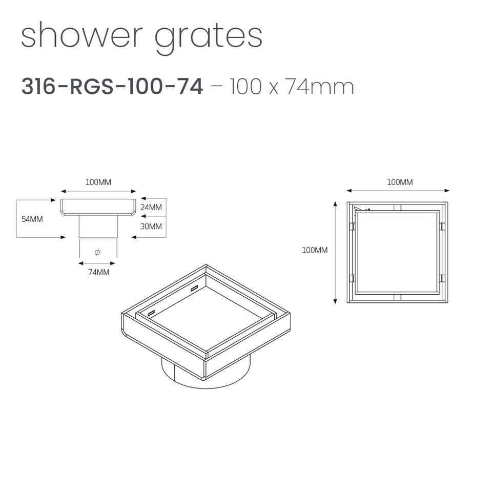 Radiant Square Tile Insert Floor Grate (Brushed Gold) 100mm x 100mm (74mm Outlet) (316-GLD-RGS-100-74) 2