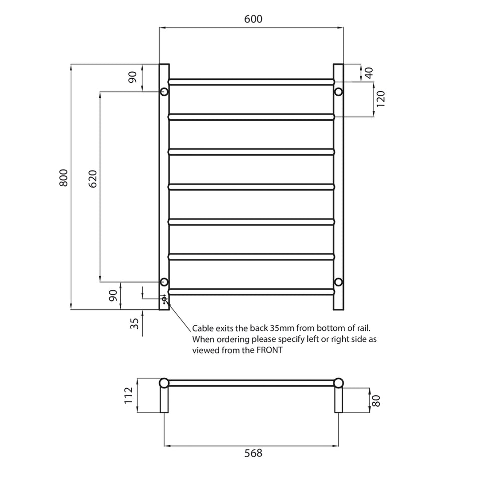 Radiant Low Voltage Heated Round Ladder 600 x 800 mm Light Gold technical drawing (12V-LG-RTR01)