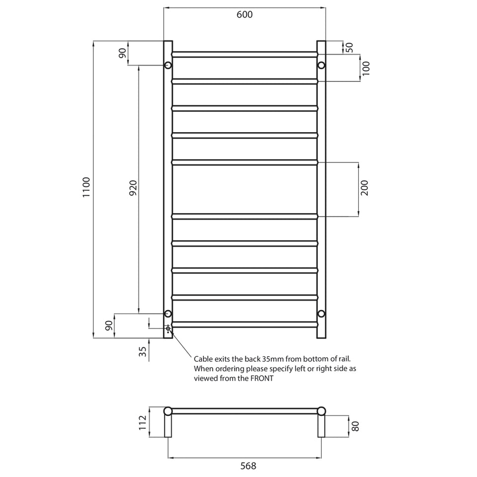 Radiant Heated Round Ladder 600 X 1100 mm Matt Black technical drawing (BRTR02)