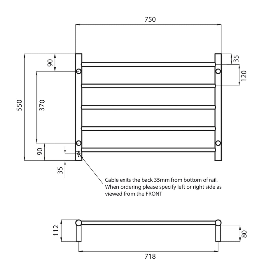 Radiant Heated Round Ladder 750 x 550 mm Mirror Polished technical drawing (RTR03)