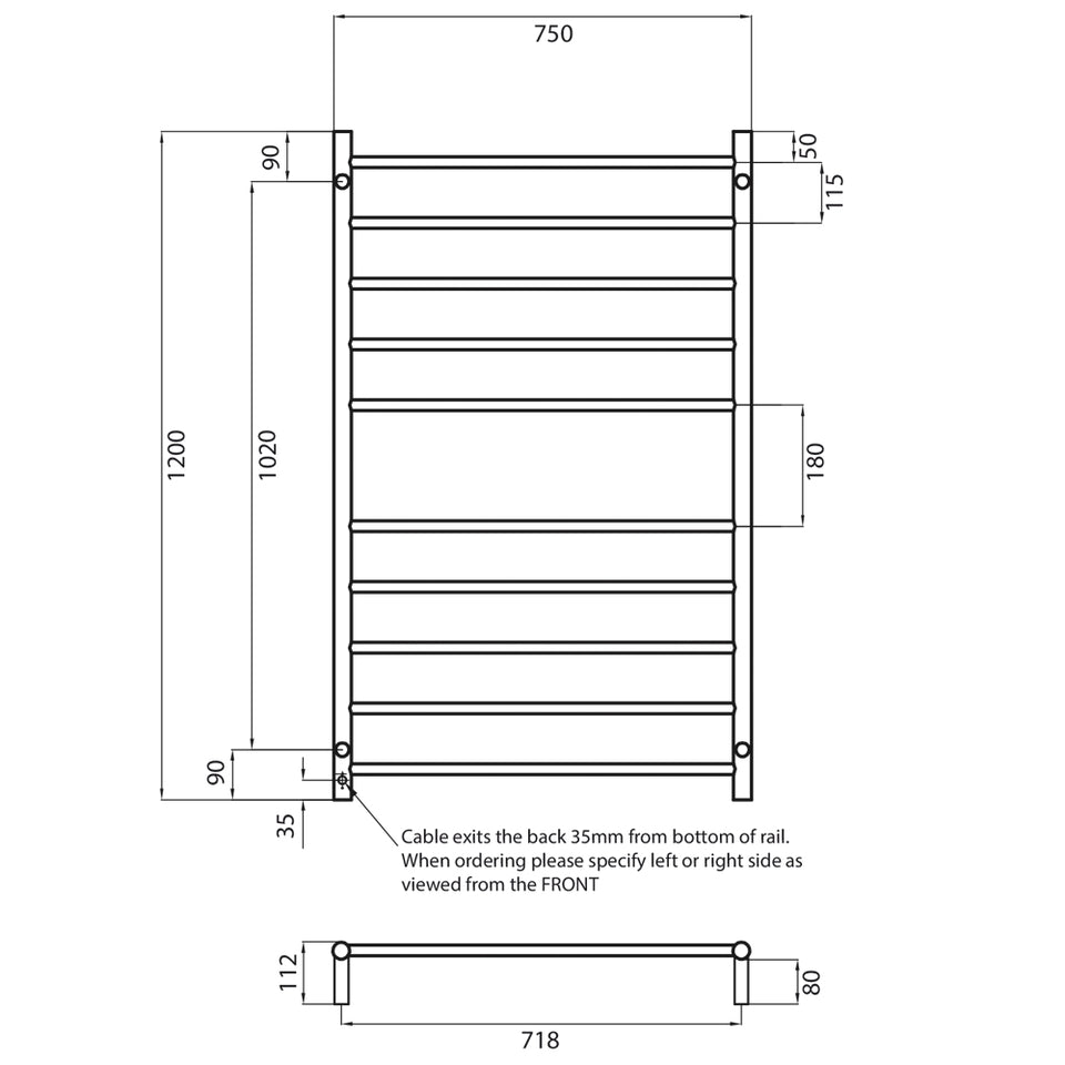Radiant Heated Round Ladder 750 X 1200 mm Matt Black technical drawing (BRTR04)