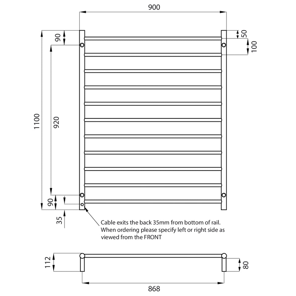 Radiant Heated Round Ladder 900 X 1100 mm Mirror Polished technical drawing (RTR05)