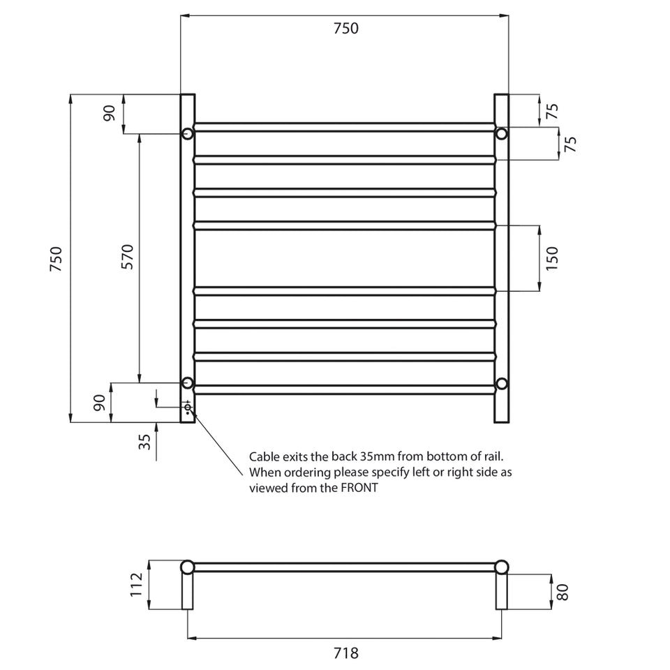 Radiant Heated Round Ladder 750 x 750 mm Mirror Polished technical drawing (RTR06)