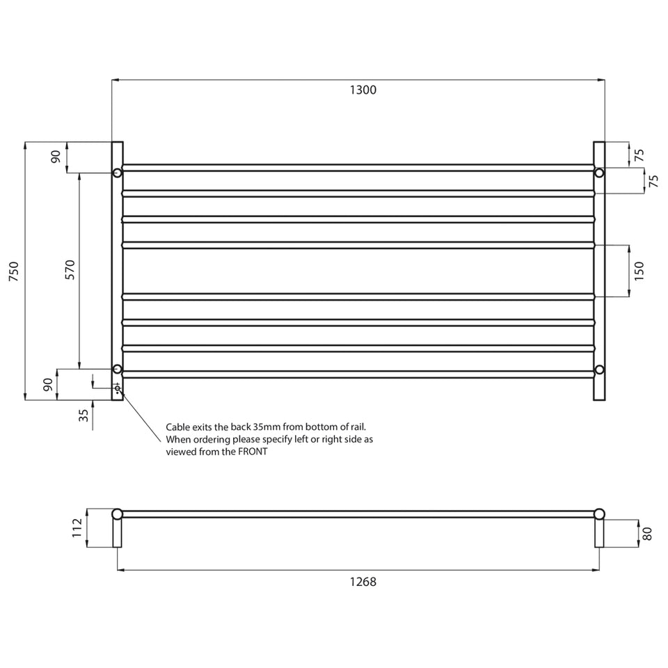 Radiant Heated Round Ladder 1300 X 750 mm Mirror Polished technical drawing (RTR09)