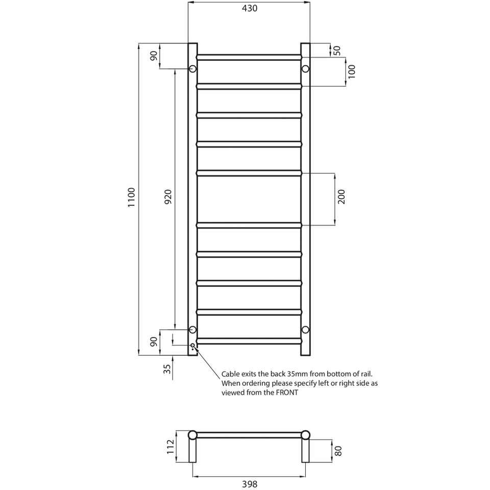 Radiant Low Voltage Heated Round Ladder 430 x 1100 mm Mirror Polished technical drawing (12V-RTR430)