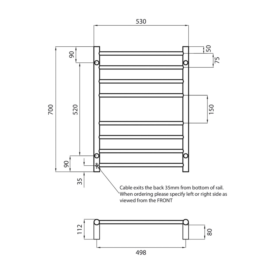 Radiant Heated Round Ladder 530 X 700 mm Brushed Satin technical drawing (BRU-RTR530)