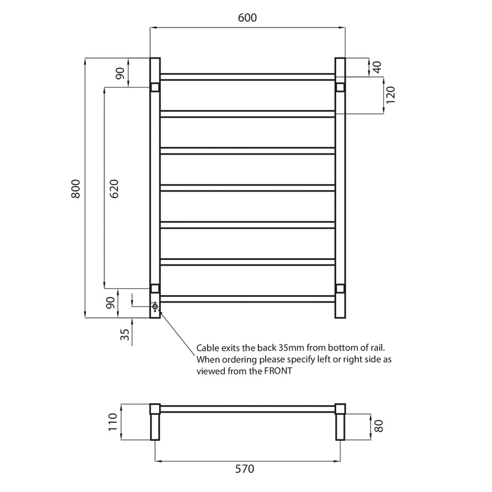 Radiant Heated Square Ladder 600 X 800 mm Mirror Polished technical drawing (STR01)