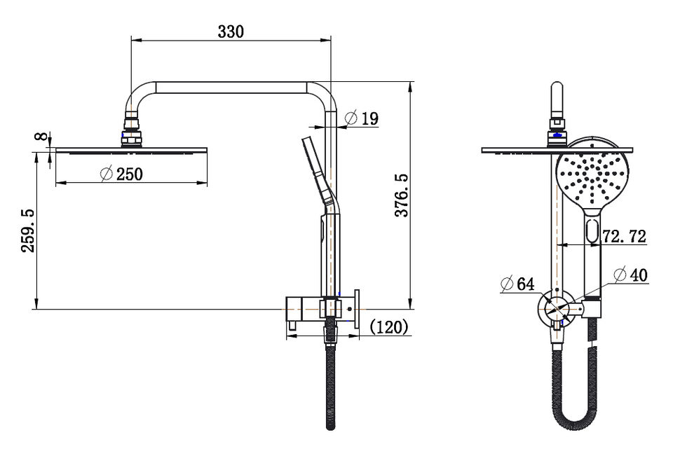 Modern National Star Compact Half Shower Column Set technical drawing (STR013-CBK)