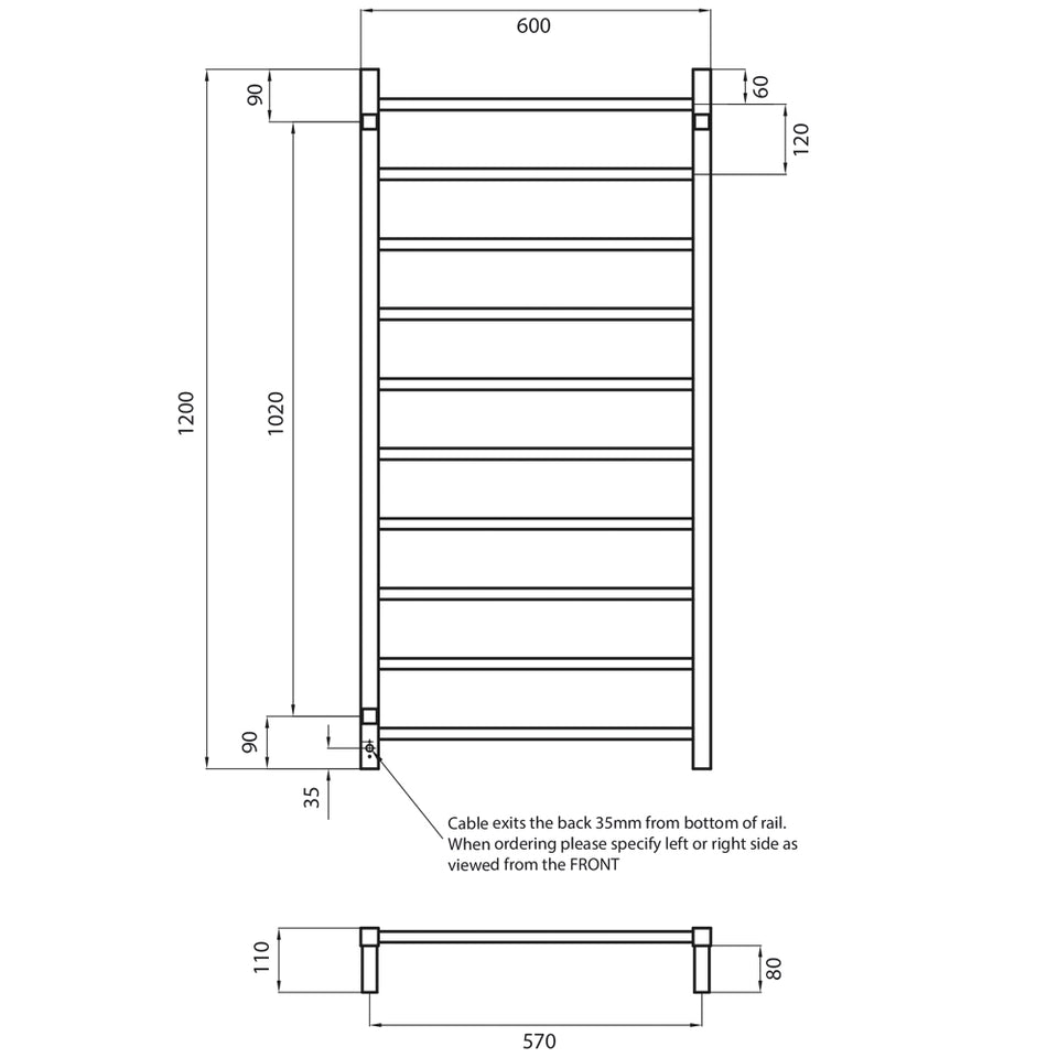 Radiant Heated Square Ladder 600 X 1200 mm Mirror Polished technical drawing (STR02)