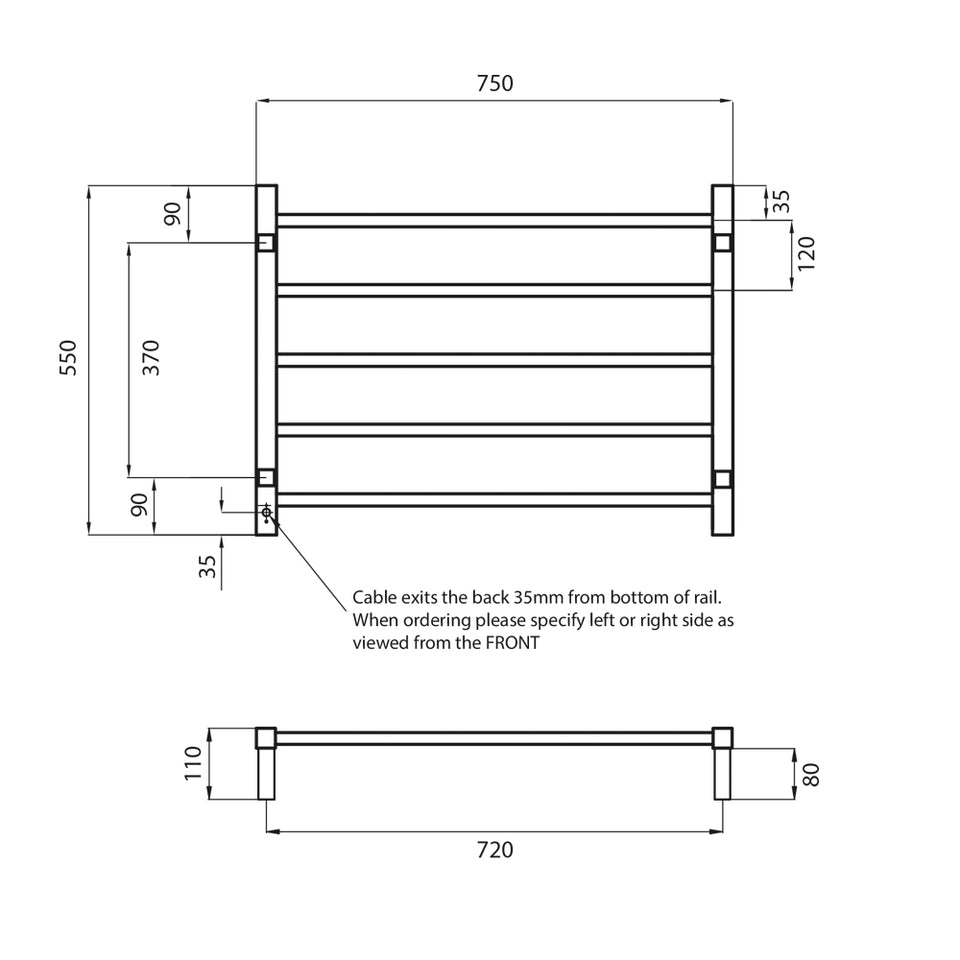 Radiant Heated Square Ladder 750 X 550 mm Mirror Polished technical drawing (STR03)