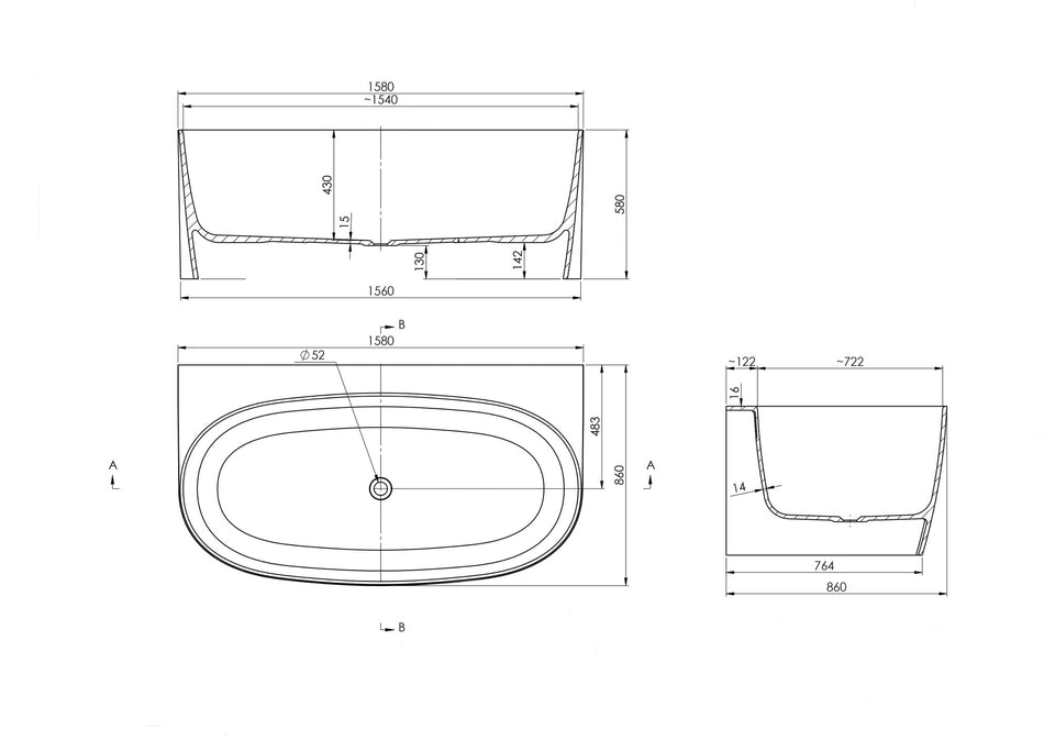 Turner Hastings Narva 158 x 86 MagnaCast Back To Wall Bath — Gloss White