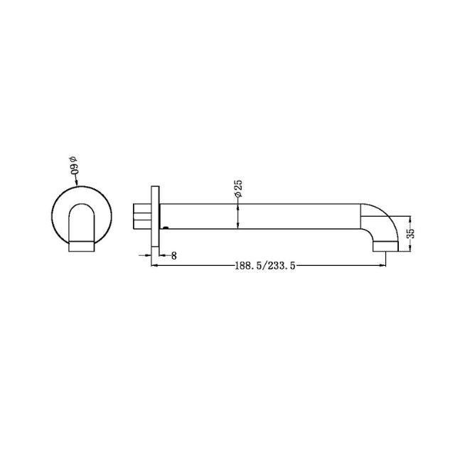 Nero Zen SS316L Wall Basin/Bath Spout Only 185/230mm