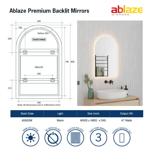 Thermogroup Arch Shape Premium Backlit Mirror