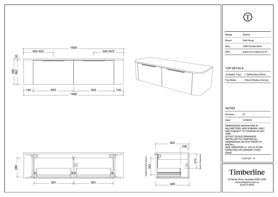 Timberline Santos Vanity Above Counter Basin 1500mm Double Bowl — dimensions (SAN-VCO-1500-D-SSA-W)