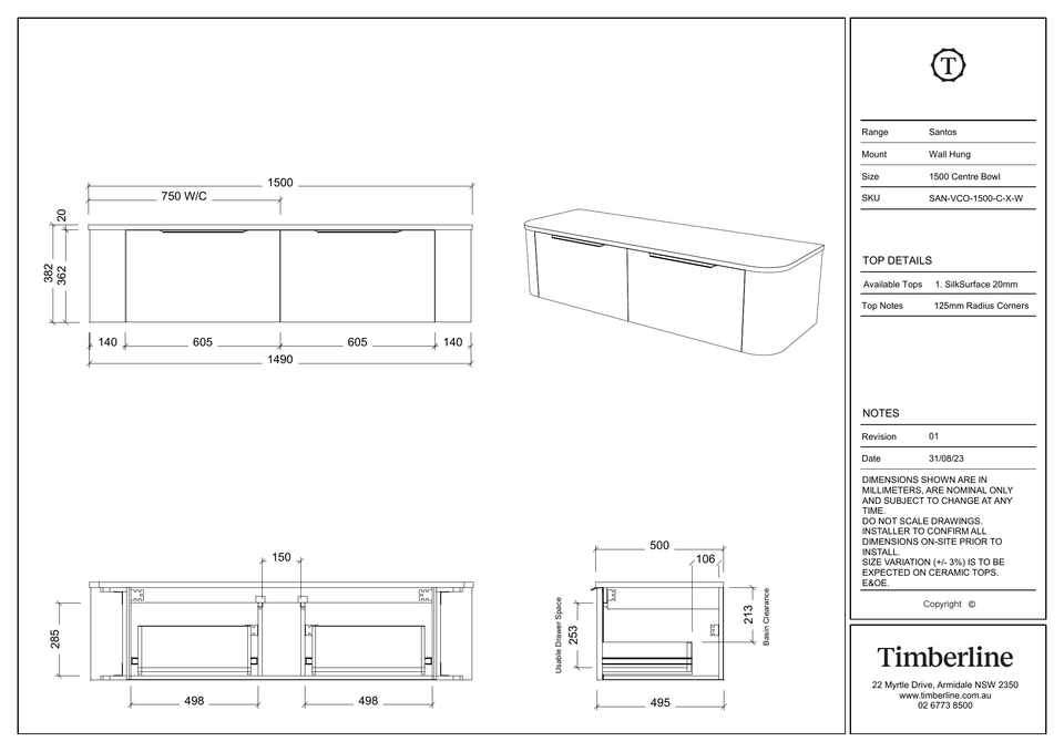 Timberline Santos Vanity Above Counter Basin 1500mm Single Bowl — dimensions (SAN-VCO-1500-C-SSA-W)