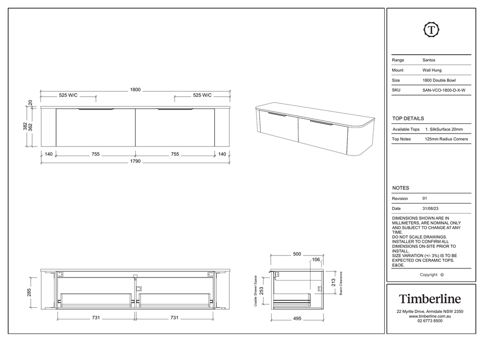 Timberline Santos Vanity Above Counter Basin 1800mm Double Bowl — dimensions (SAN-VCO-1800-D-SSA-W)