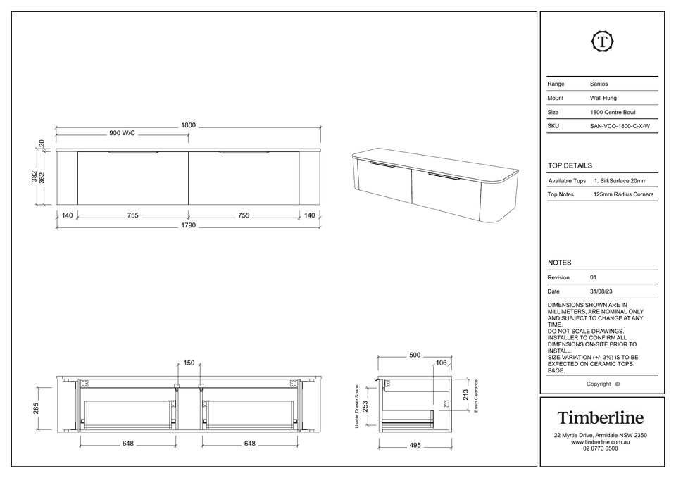 Timberline Santos Vanity Above Counter Basin 1800mm Single Bowl — dimensions (SAN-VCO-1800-C-SSA-W)