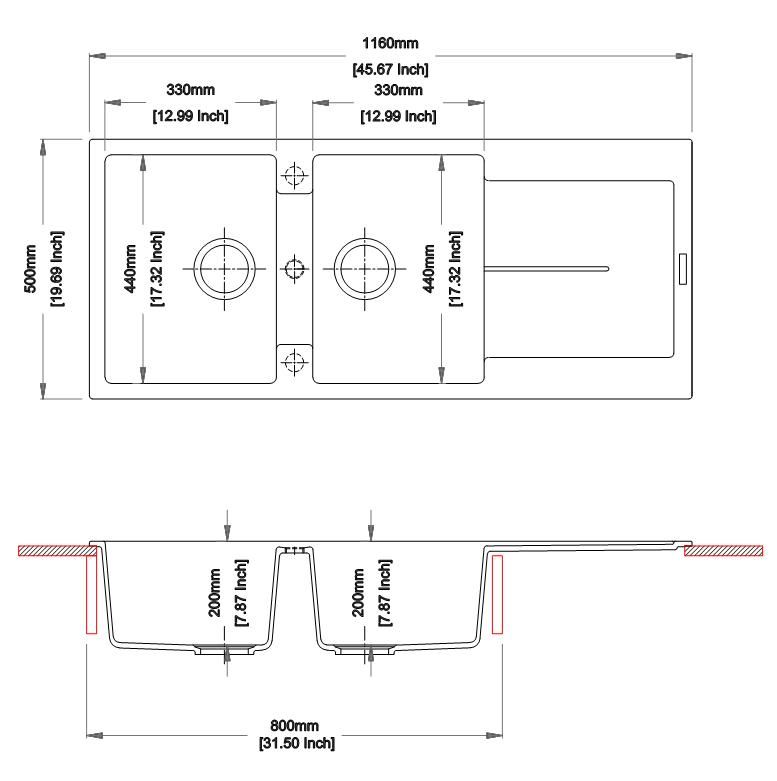 1160x500mm Metallic Black Double Bowl Kitchen Sink Reversible Topmount with Overflow (TWM-ED200)